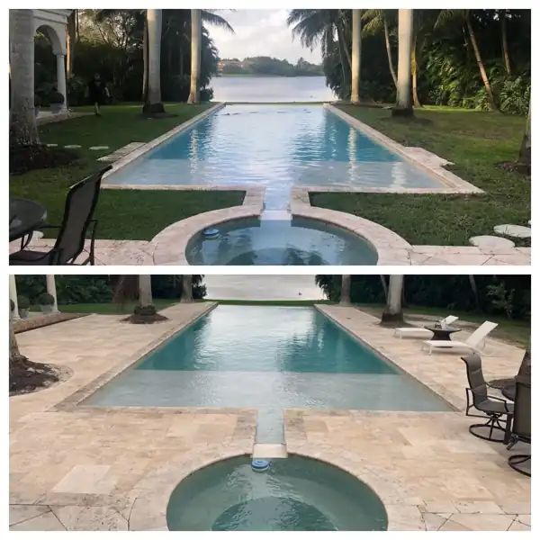 Before and after: pool deck resurfaced in travertine pavers on a lakefront patio, project 1