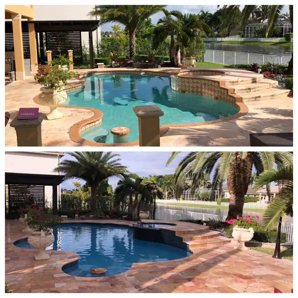 Before and after: pool deck and landscaping refreshed around a pergola-covered pool, project 2