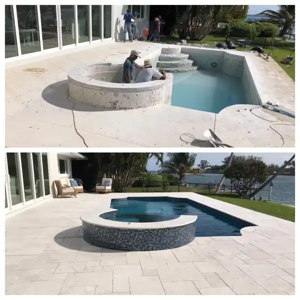 Before and after: pool and raised spa rebuilt with a stacked-stone base and marble paver deck, project 6