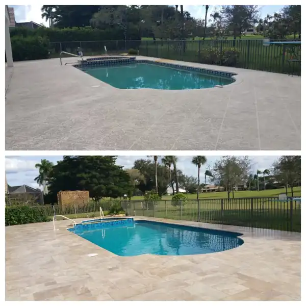 Before and after: worn spray-deck pool resurfaced with a new paver deck, project 8