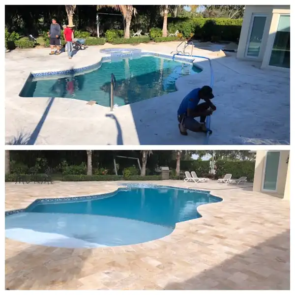 Before and after: pool deck resurfaced in marble pavers near a dock, project 12