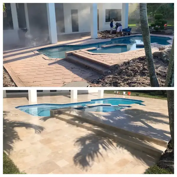 Before and after: pool rebuilt with a new marble paver deck and raised spa steps, project 13