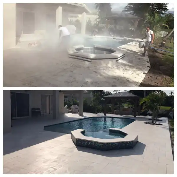 Before and after: pool rebuilt with a new octagonal raised spa and marble paver deck, project 14