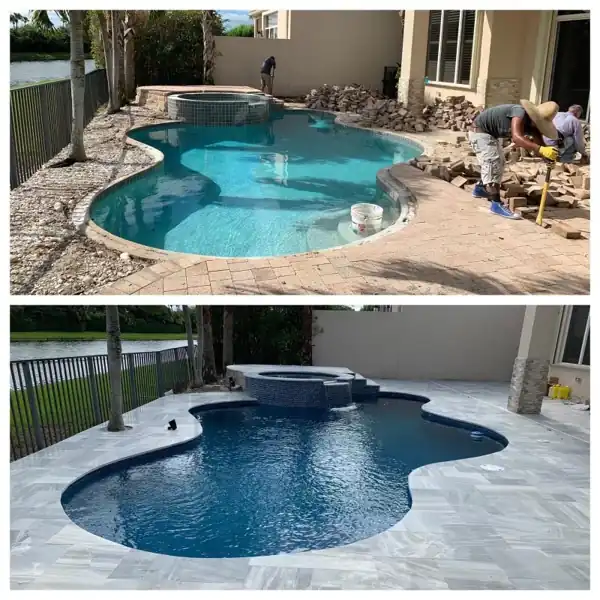 Before and after: pool built with a lakefront marble paver deck, project 15