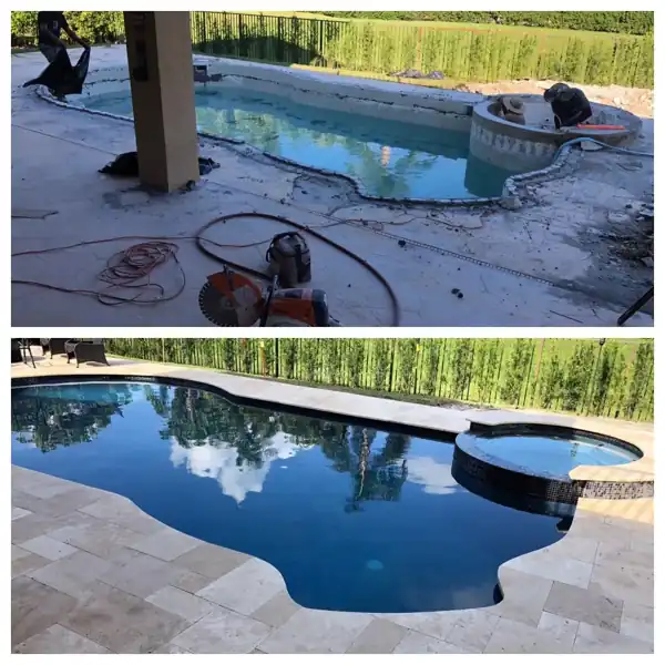 Before and after: pool deck resurfaced in travertine pavers with a new tiled spa, project 20