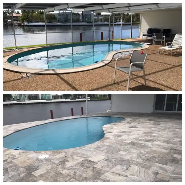 Before and after: screened pool deck resurfaced in marble and travertine pavers near the water, project 21