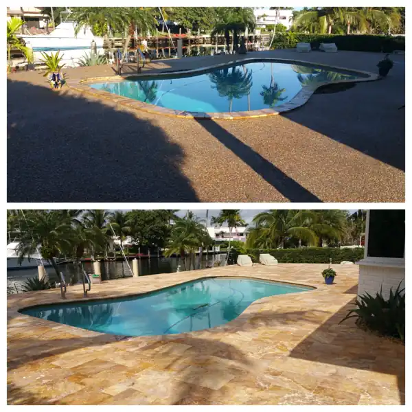 Before and after: pool deck resurfaced in travertine pavers near a boat dock, project 23