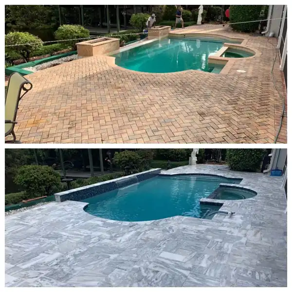 Before and after: worn brick paver deck replaced with gray marble pavers around a pool with a raised spa waterfall, project 25