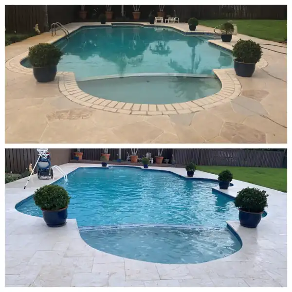 Before and after: worn pool deck resurfaced in lighter travertine pavers, project 27