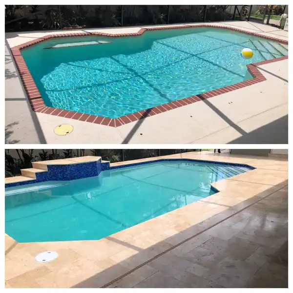 Before and after: pool deck resurfaced in travertine pavers, project 29