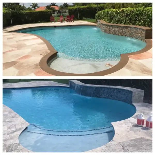 Before and after: pool deck resurfaced in stone pavers with a glass-tile raised spa and waterfall, project 33