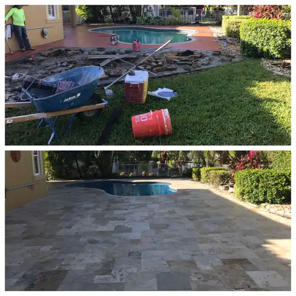 Before and after: pool deck rebuilt with new travertine pavers, project 34