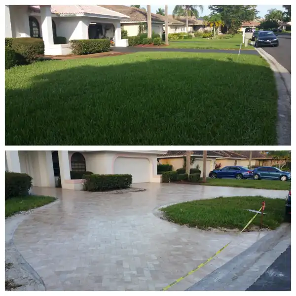 Before and after: front lawn converted to a paver driveway, project 35