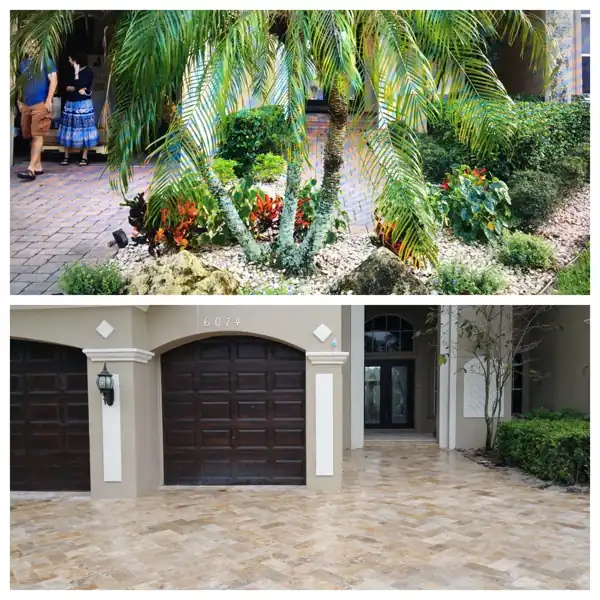 Before and after: landscaping and driveway resurfaced in travertine pavers near the garage entry, project 37