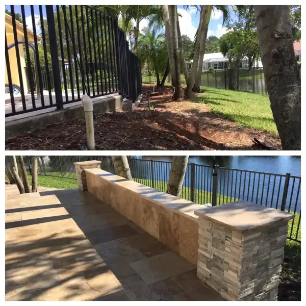 Before and after: fence-line landscaping replaced with a travertine paver seating wall, project 38