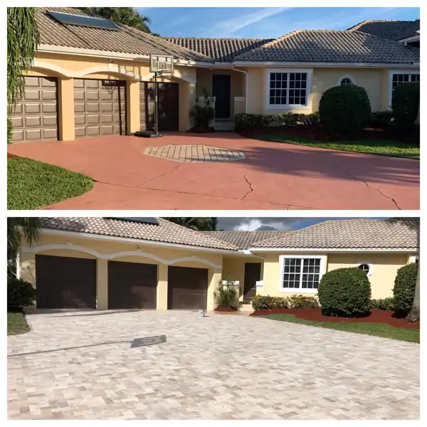 Before and after: front entry landscaping and driveway resurfaced in pavers, project 39
